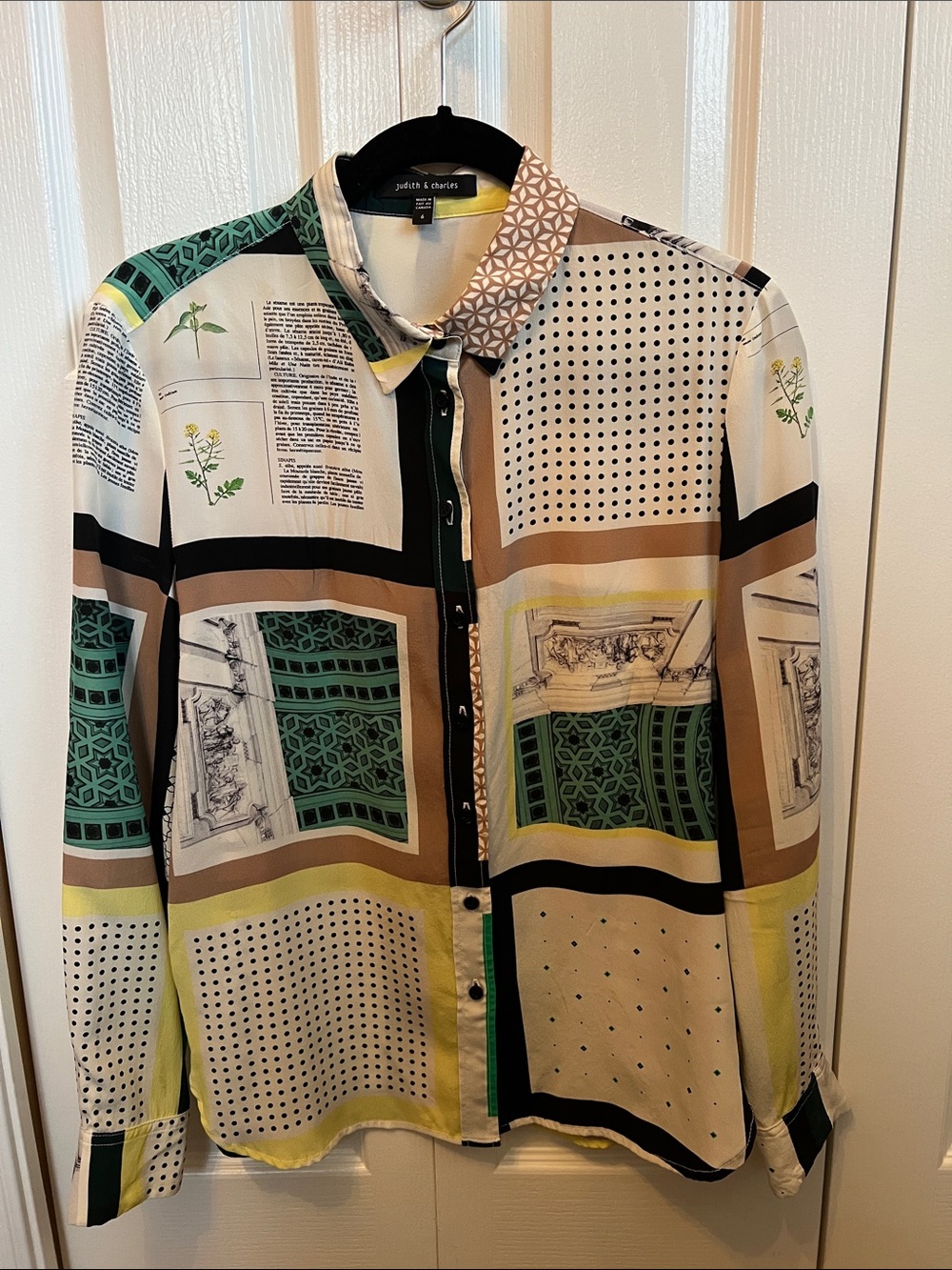 Patchwork Print Button-Up Blouse - Green/Beige - Judith & Charles